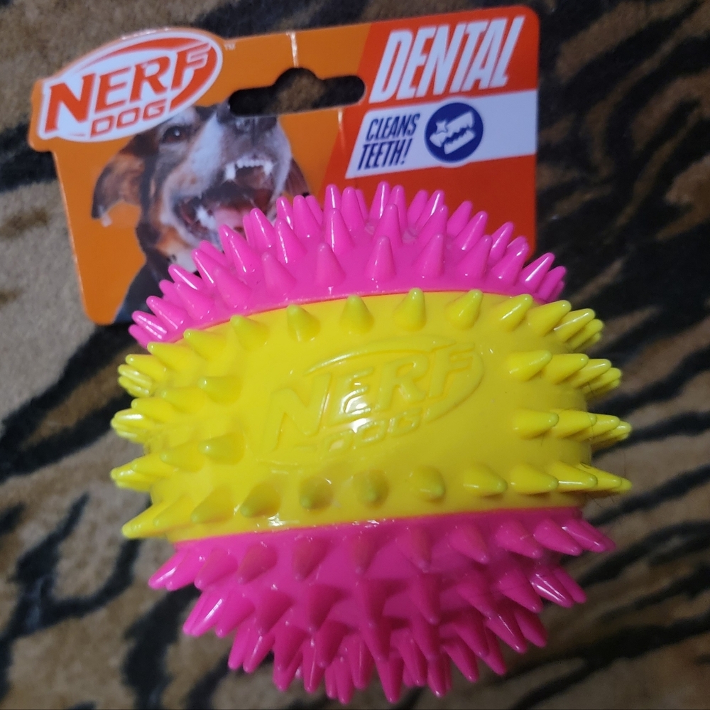 Nerf Dog Spiked Dental Ball W Squeak Pink and Yellow New Ea.